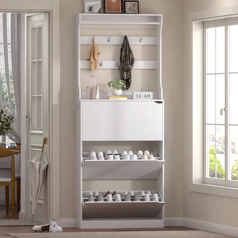Elegant Tall 2-in-1 Wood Hall Tree Shoe Rack Organizer - Narrow Stable Base, High Capacity 3-Layer Home Decor Storage for Entryway, with 3 Flip-Out Drawers, Coat Hooks, Clothes Holder, 78.74"h × 31.5"w × 9.45"d Indoor Furniture