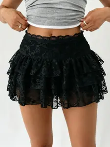 Women's Y2K Hot Girl Black Lace Tiered Mini Skirt, High-Waist Multi-Layer Ruffle Skirt with Attached Safety Shorts, Coquette Style, Summer, All-Season Wear, Suitable for Nightclub Party & Festival Outfits, Women's Skort, Short Skirt, Hot Girl Skirt