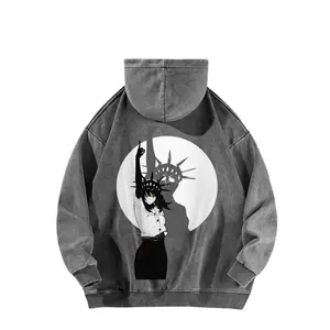 CSM Washed Vintage Anime Hoodie with "Makima" print - Vintage hooded sweatshirt, cotton material, made in the USA, dark manga street style, loose A-line fit.