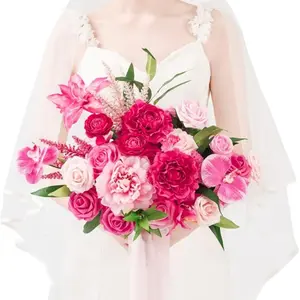 TINGE TIME 11 Inch Artificial Bridal Bouquet, Spring Wedding Bride Bridesmaid Tossing Bouquets Flower for Wedding Anniversary Bridal Shower and Home Party Decoration (Hot Pink) Decorative Fruit