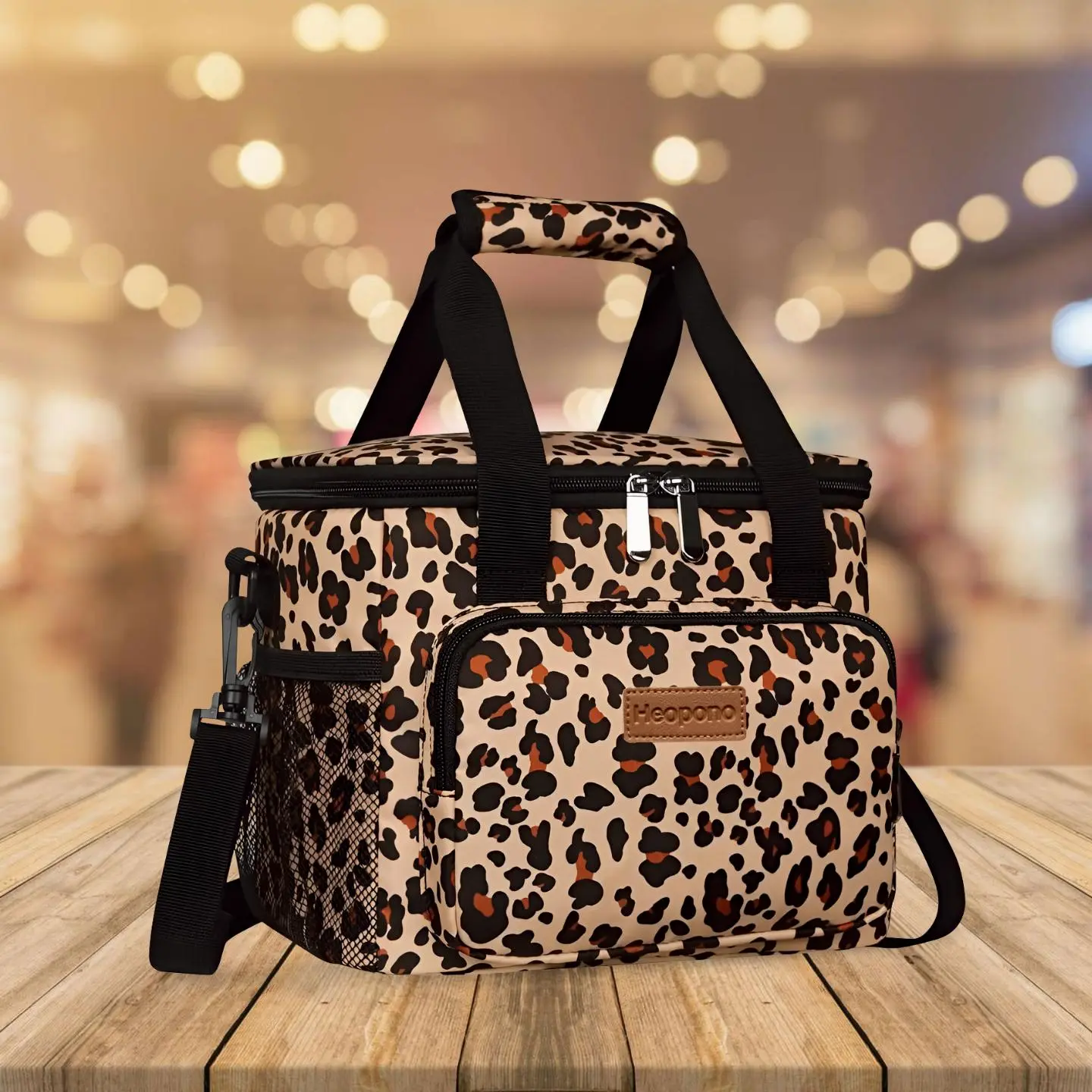 Reusable Durable Portable Lunch Bag for Adults, Durable Lunch Bags, Leopard Print Design, Adjustable Shoulder Strap, Front Zipper & Dual Mesh Side Pockets