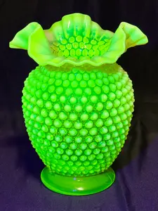 Uranium- Fenton- 8” Flower Vase - topaz opalescent hobnail with a ruffled rim