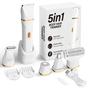 KINGTEE 5-in-1 Electric Bikini Trimmer for Women – IPX7 Waterproof Shaver, Cordless Body & Facial Razors for Women, Ceramic Blades, USB-C Rechargeable, Painless Hair Removal Kit (White)