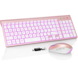 Wireless Backlit Keyboard and Mouse Combo(non-bluetooth) - Compact Quiet Keyboard with RGB Mouse, Rechargeable, Slim, Sleep Mode, Portable Cordless