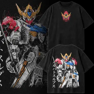Gundam Mobile Suit ASW-G-08 Barbatos Lupus Origin Retro Unisex Vintage Double Printed Heavyweight Cotton Oversized Wash Tee, Workout Clothes, Gym Workouts, Clothes for Daily Wear
