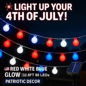 80 LED solar red, white and blue frosted ball light strings, patriotic decorative lights, suitable for camping, terraces, balconies, trees. Hallways, windows, parties, 4th of July Independence Day.
