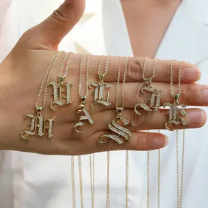 Old English Initial Necklace-A-Z letters, pavé CZ iced-out pendant, golden-plated chain, vintage street style, perfect for layering; personalized gift for her/him; trending initial jewelry.
