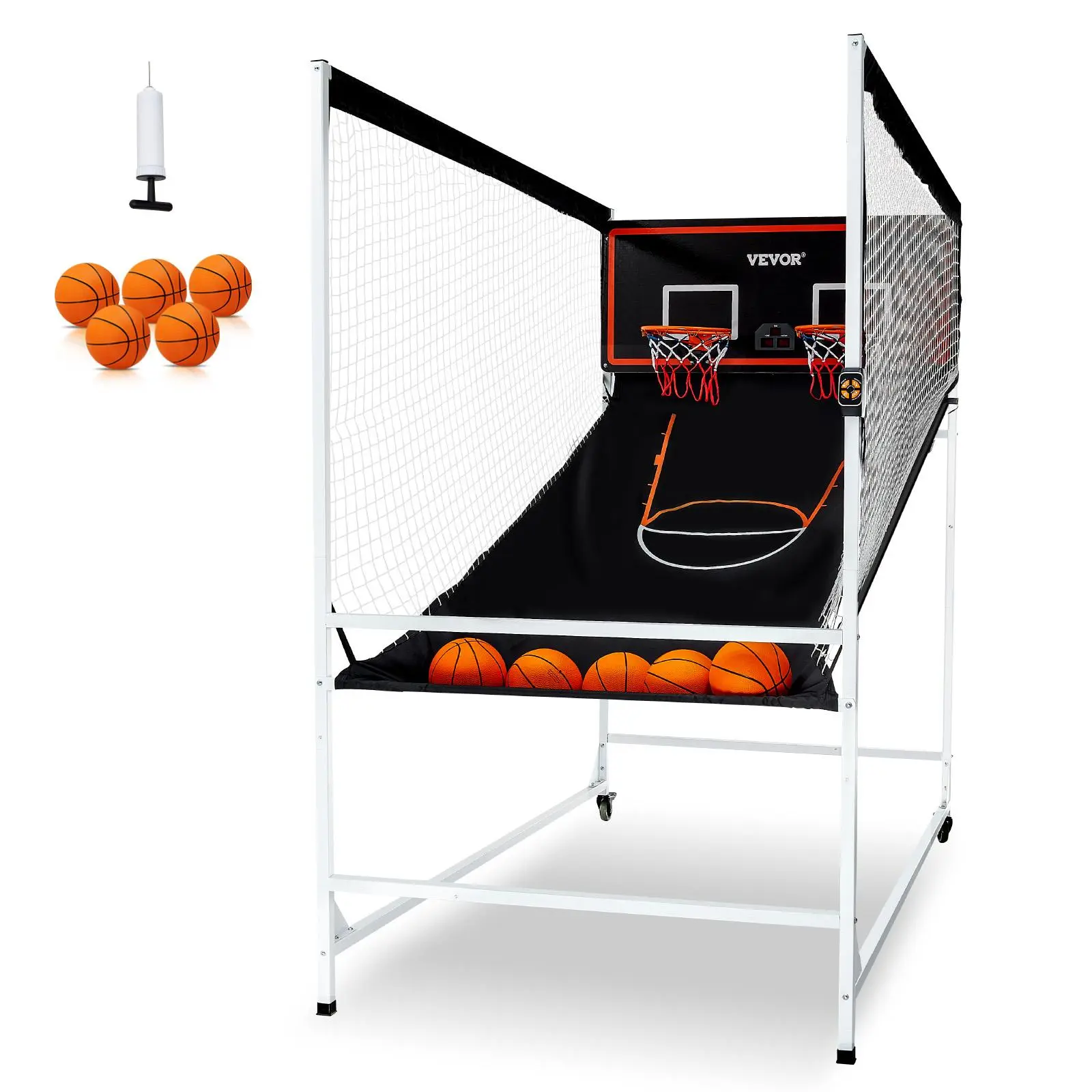 【summerfinds】VEVOR Arcade Cage Basketball Game, 2 Player Indoor Basketball Game, Home Dual Shot Sport with 5 Balls, 8 Game Modes, Electronic Scoreboard, and Inflation Pump, for Adults (Black & White)