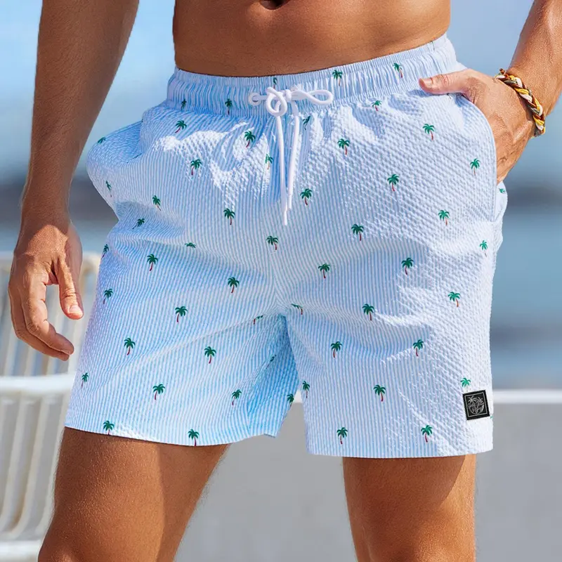 Men's Regular Fit Palm Tree Print Boxer Brief Swim Shorts, Casual Comfy Breathable Swim Shorts for Summer, Men's Swimwear for Beach Vacation, Bathing Shorts, Swimming Shorts