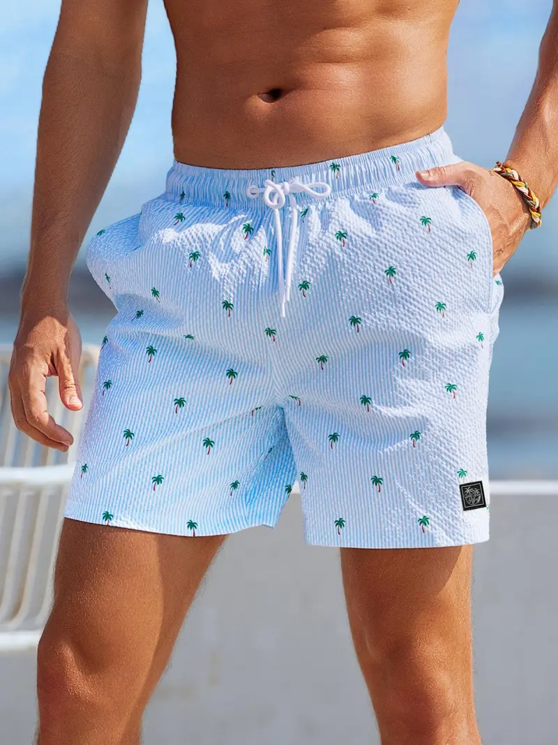 Men's Regular Fit Palm Tree Print Boxer Brief Swim Shorts, Casual Comfy Breathable Swim Shorts for Summer, Men's Swimwear for Beach Vacation