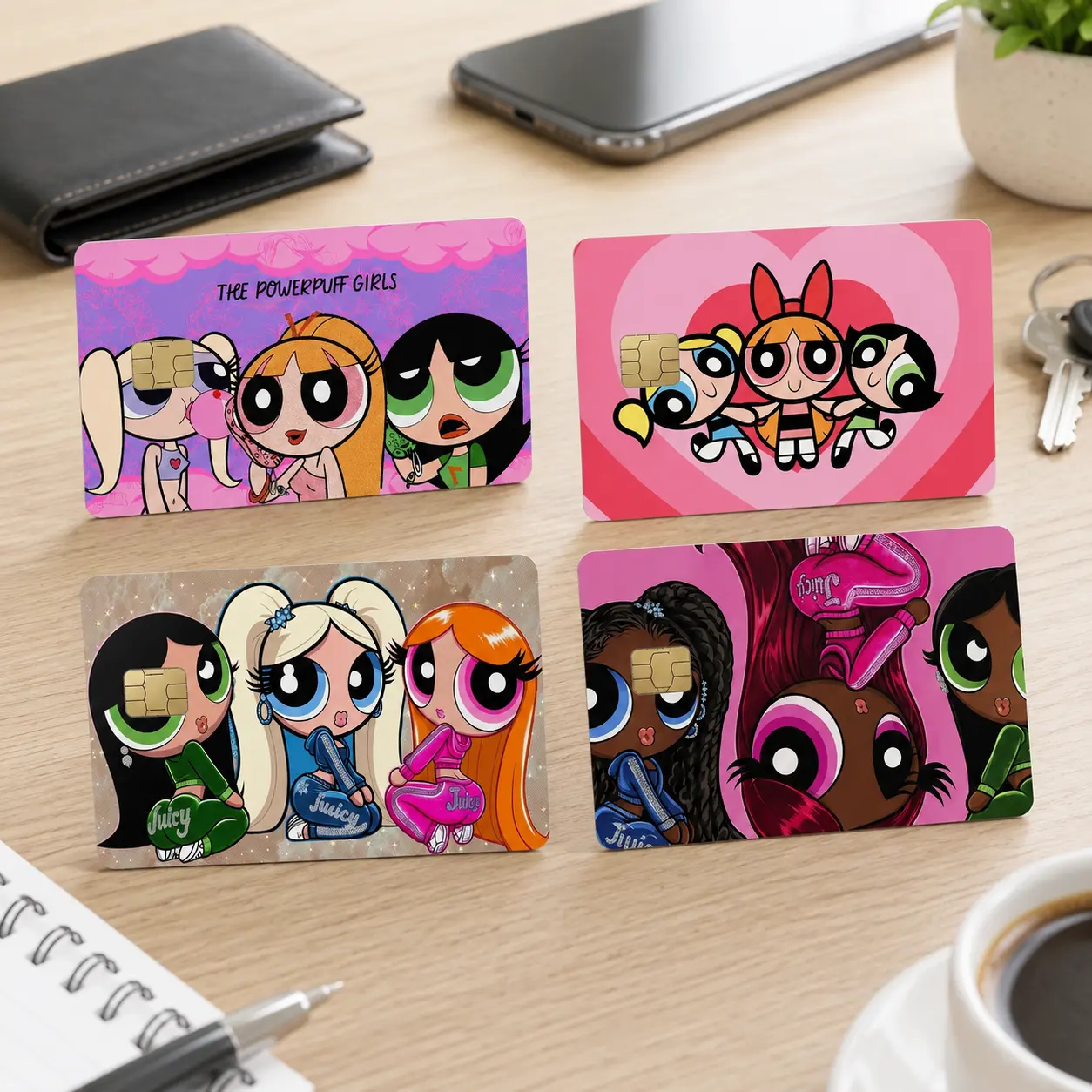 Y2K Aesthetic Retro Cartoon Girls Credit Card Skin, 2000s Nostalgia Superhero Sisters Debit Card Cover, Pink Heart Smart Card Sticker, EBT Metro Pass