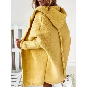 Plus Size Solid Color Hooded Cardigan, Casual Long Sleeve Knitted Cardigan, Women's Plus Size Clothing