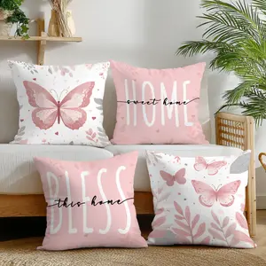 4pcs Light Pink Butterfly and Leaf Printed Pillow Covers Suitable for Living Room and Bedroom, Polyester, Machine Washable