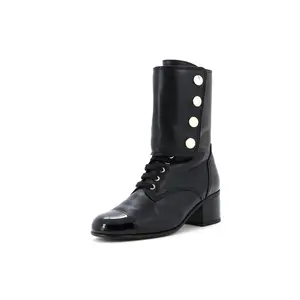 Pre-owned Chanel Women's Logo Button Snap Cap Toe Boots Leather with Patent by Rebag