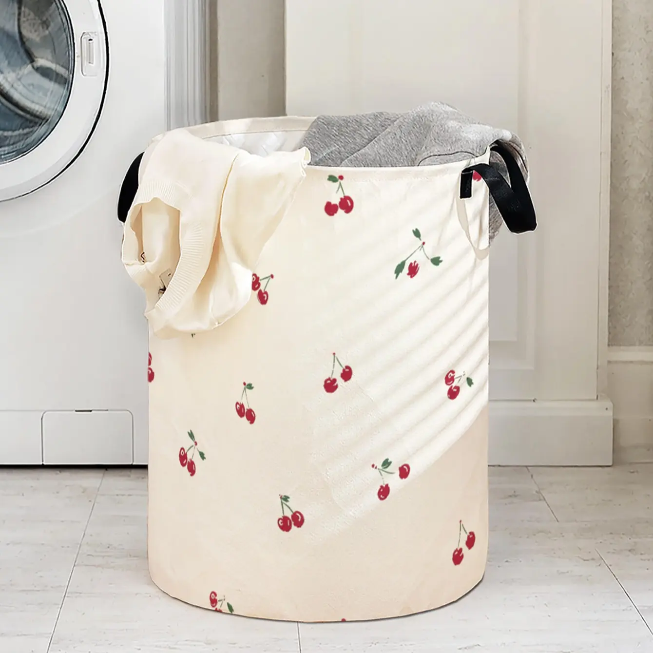 Cherry Print Laundry Basket with Handle, Durable Foldable Clothes Storage Bin, Large Capacity Toy Organizer, Home Use Reusable Hamper, Folding Laundry Basket