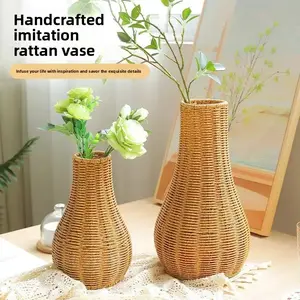 Hand-Woven Vintage Creative Imitation Rattan Floor Vase Indoor Simple Decoration Balcony Coffee Table Flower Arrangement Cylinder