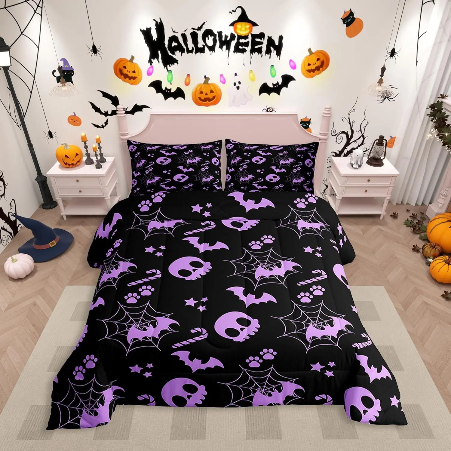 Cute Purple Halloween Bedding Setspider Web Skull Bat Comforter Set,Spooky Goth Gothic Animal Quilt Duvet Set,Horror Halloween Bedding Collections for Kids Teens Adults