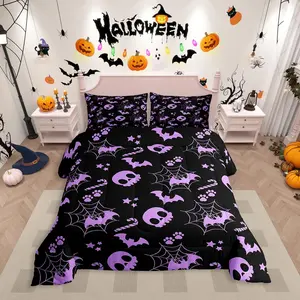 Cute Purple Halloween Bedding Setspider Web Skull Bat Comforter Set,Spooky Goth Gothic Animal Quilt Duvet Set,Horror Halloween Bedding Collections for Kids Teens Adults
