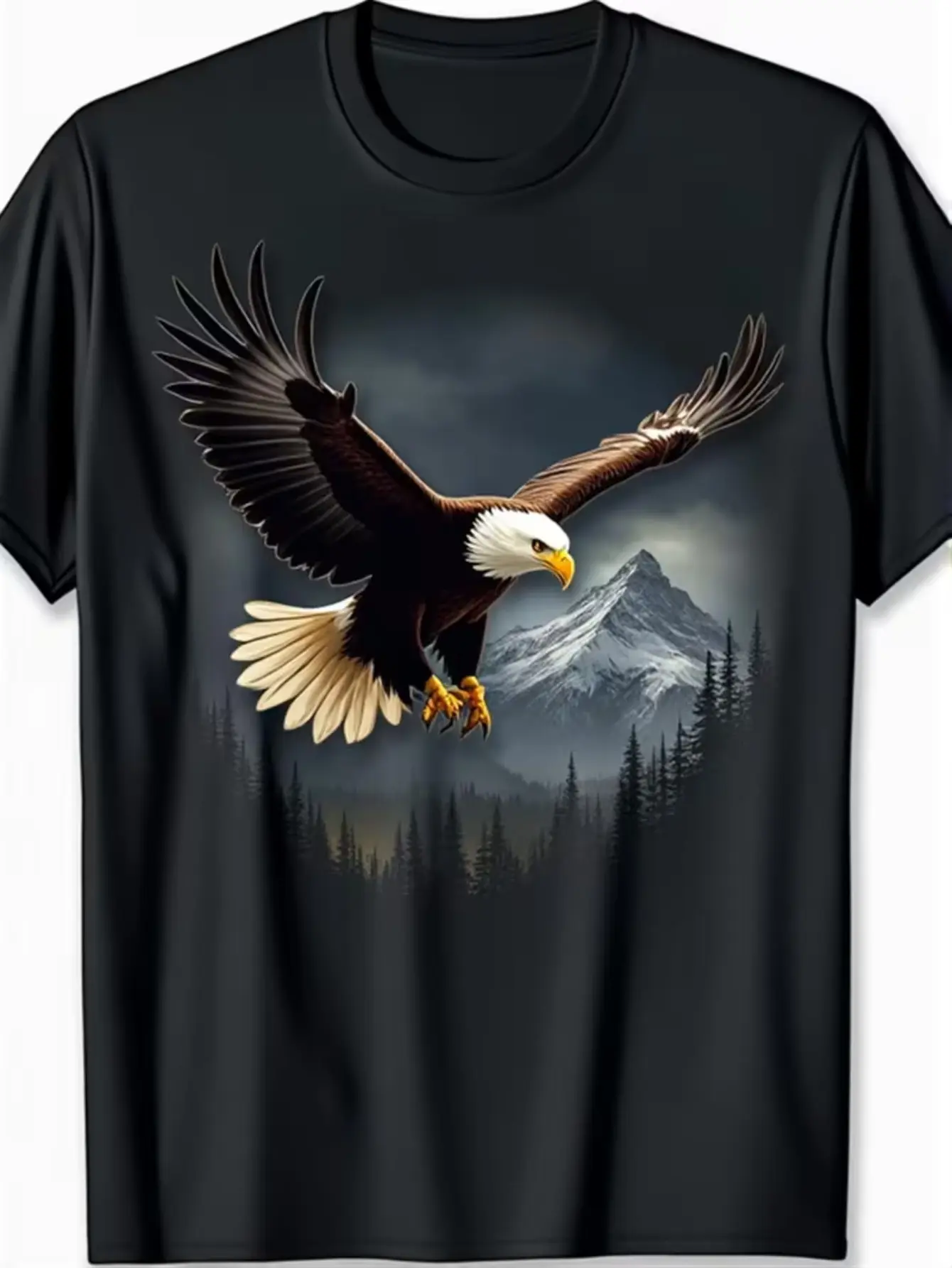 Men's Eagle & Mountain Graphic T-Shirt -  Casual Short Sleeve Round Neck with Dark Eagle Soaring over Mountain Print, All-Season Fit, Machine Washable Outdoor & Casual Attire for, Camping, Urban Style - Ideal for