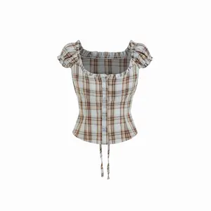 Cider Plaid Square Neck Ruffle Sleeve Knotted Blouse