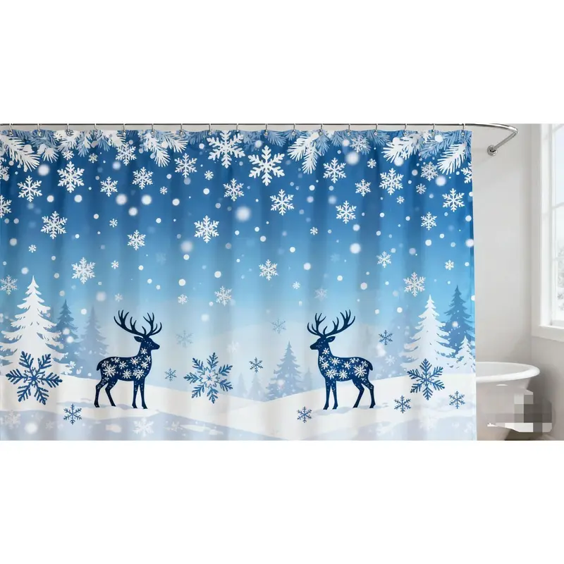 Festive Christmas Reindeer & Snowflake Shower Curtain, 72x72 in Polyester with 12 C-Shaped Rings, Waterproof Layer Print, Washable for Easy Refresh, Bathroom Decor Gift for Bathtub Dorm Toilet, Shower Curtains