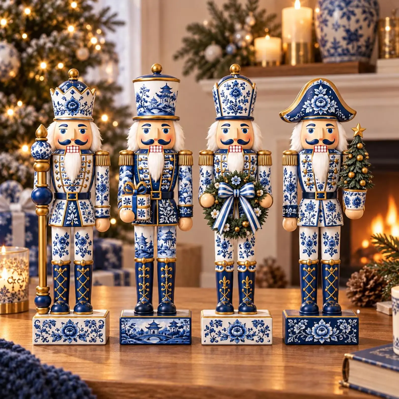 Chinoiserie Nutcracker Wooden Block, Blue White Christmas Decor, Nutcracker Figurine, Holiday Mantel Shelf Decoration