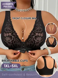 Women's Wireless Bra Set, Full Coverage Push-Up Bras, Soft Breathable Lace Floral Design, Casual, Front Closure, Plus Size Comfort Fit