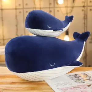 Large Blue Whale Plush Toy - Cozy Polyester Stuffed Fish Doll with White Stripes, Ideal Birthday Gift for Youngsters and Adults