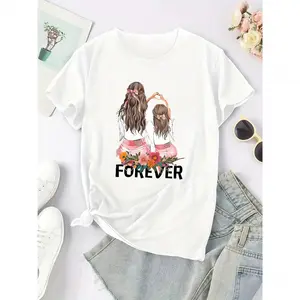 Cotton Short Sleeve  T-Shirt [Machine Washable Fashion Tee] Athleisure Essential,'s Fashion Casual Sporty T-Shirt with Mother & Daughter Graphic - Breathable Polyester Blend, Machine Washable