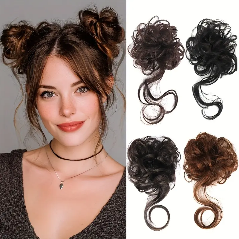 [Hair Bun Piece] Mini Messy Hair Bun Hair Piece Wavy Curly Scrunchies Synthetic Chignon Ponytail Hair Extensions Thick Updo Hairpieces for Women Black Brown