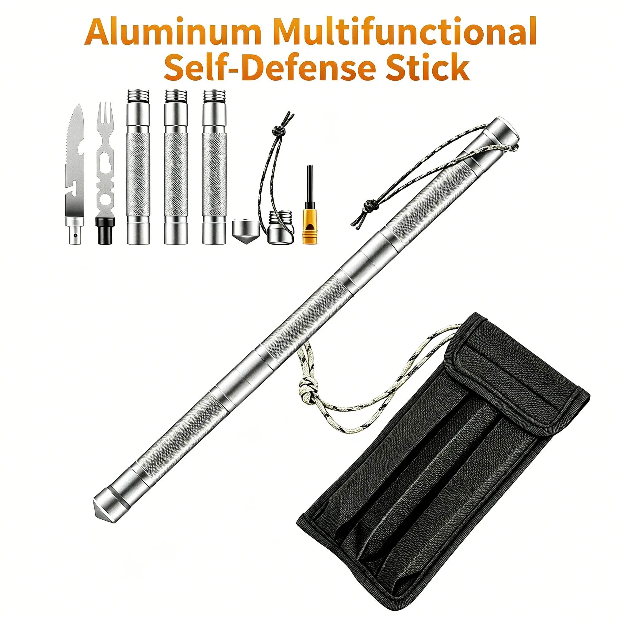 6-in-1 Multifunction Outdoor Survival Tool | Knife Fork Compass Whistle Trekking Pole for Camping Car Emergency
