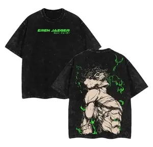 Kove Clothing Men's Vintage Round Neck Short-Sleeve T-Shirt - Unisex Festive Oversized Distressed Acid-Washed Heavyweight Cotton Soft Clothes, S-5XL, Attack on Titan Eren Yeager Anime Streetwear Gift for AOT Fans