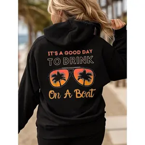 "It's A Good Day to Drink On A Boat" Funny Drinking Hoodie for Women Long Sleeve Letter Print Hooded Casual Streetwear Graphic Novelty Hoodies