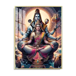 Crystal Porcelain Lord Shiva & Parvati Wall Art Painting with Golden Metal Frame | Spiritual Home & Office Decor (18x24 & 20x30 Inch)