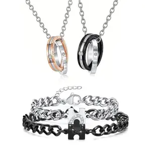 Couple Matching Puzzle Design Charm Bracelet & Ring Pendant Necklace, Fashion Jewelry for Party, Daily Decor, Trendy All-match & Exquisite Jewelry for Birthday Gift, Valentine's Day, Gift, Mother's Day Gifts, Gift Set for Mothers, Gifts for Her