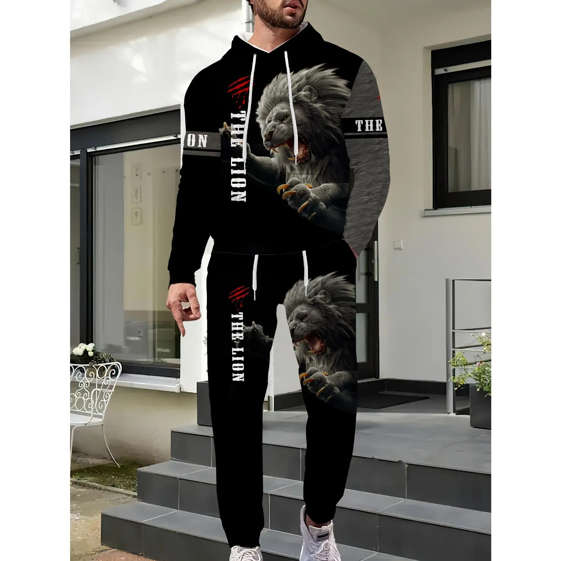 Men's 2pcs Knitting Elastic Polyester Fiber Animal Pattern Furry Lion Print Tracksuit Set, Long Sleeve Sweatshirt & Sweatpants, Casual Outdoor Sports Wear, Male, Casual Outing, Outdoor Wear, Hooded