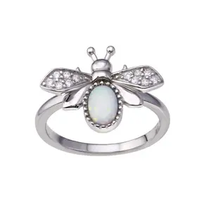 925 Sterling Silver Simulated Opal Bee Ring