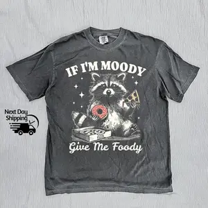 Comfort Colors Retro Raccoon If I'm Moody Give Me Foody TShirt, Vintage Raccoon Meme T-Shirt, Washed Distressed Tee, Funny Women Tee, Teenager Gift