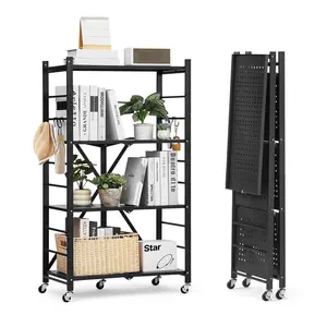 4-Tier Foldable Storage Shelf With Wheels, Portable Metal Shelving Unit Measuring 26 x 13 x 46 Inches, Sturdy Heavy-Duty Steel Construction, Ideal For Kitchen, Garage, Laundry, Office, And Utility Organization