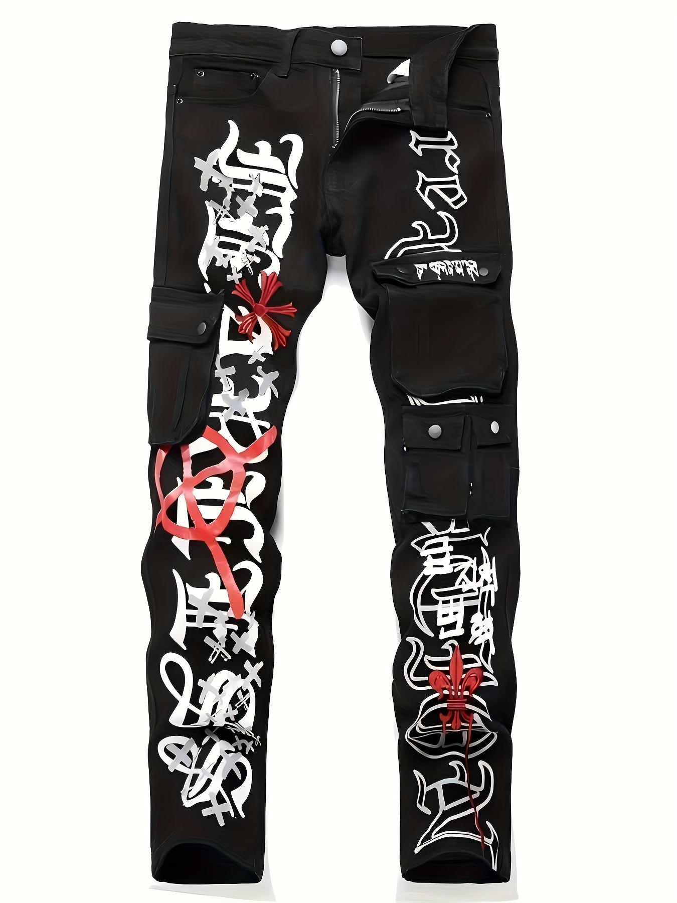 Men’s European & American fashion printed straight-leg black distressed jeans