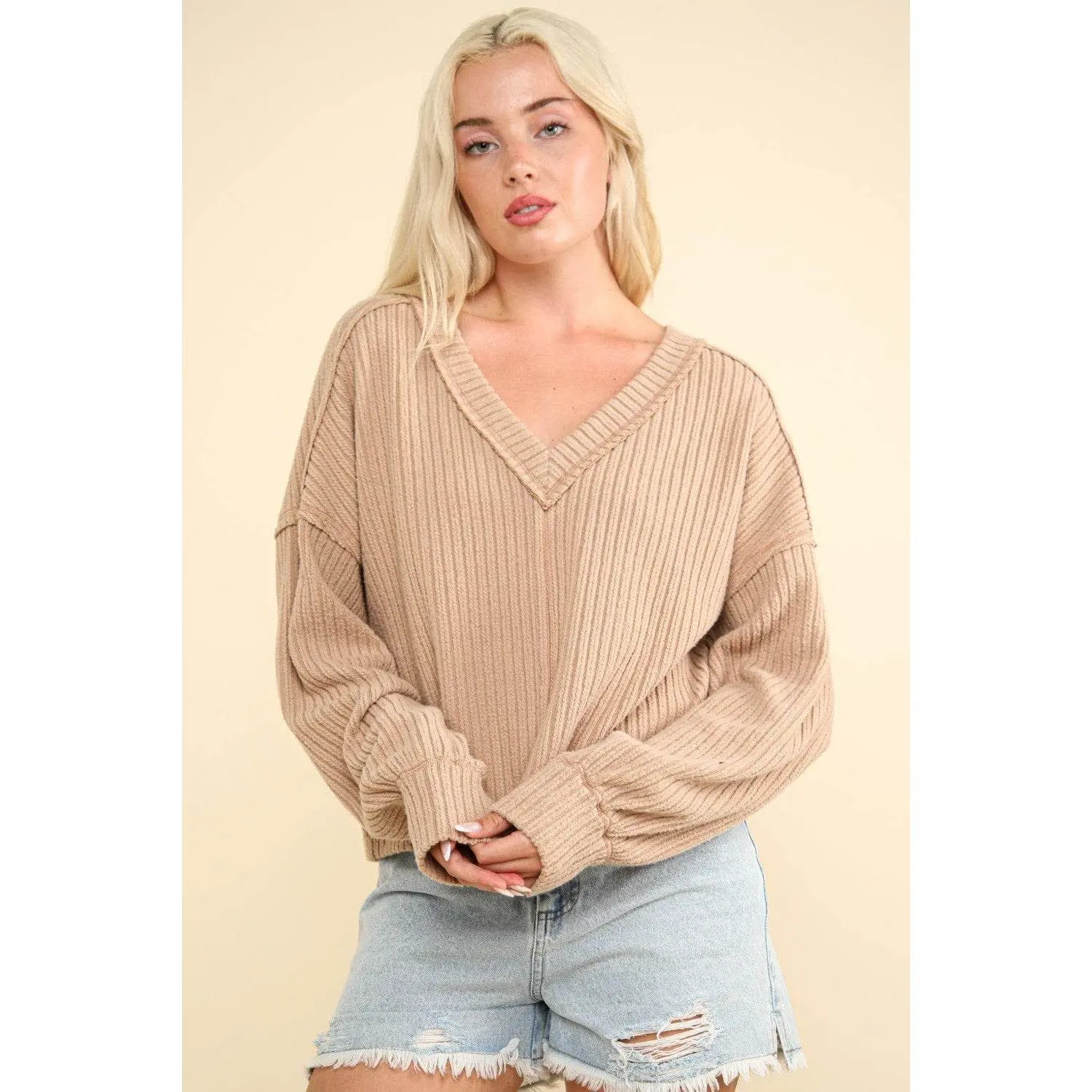 VERY J Exposed Seam V-Neck Ribbed Knit Top