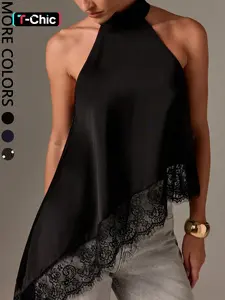 1 Piece Lace-Trimmed Sleeveless Halter Top Fitted | Euro-American Elegant Chic Vibe | Cold Shoulder Design + High Neck Halter | Sophisticated Pick for Holiday Nights / Formal Occasions