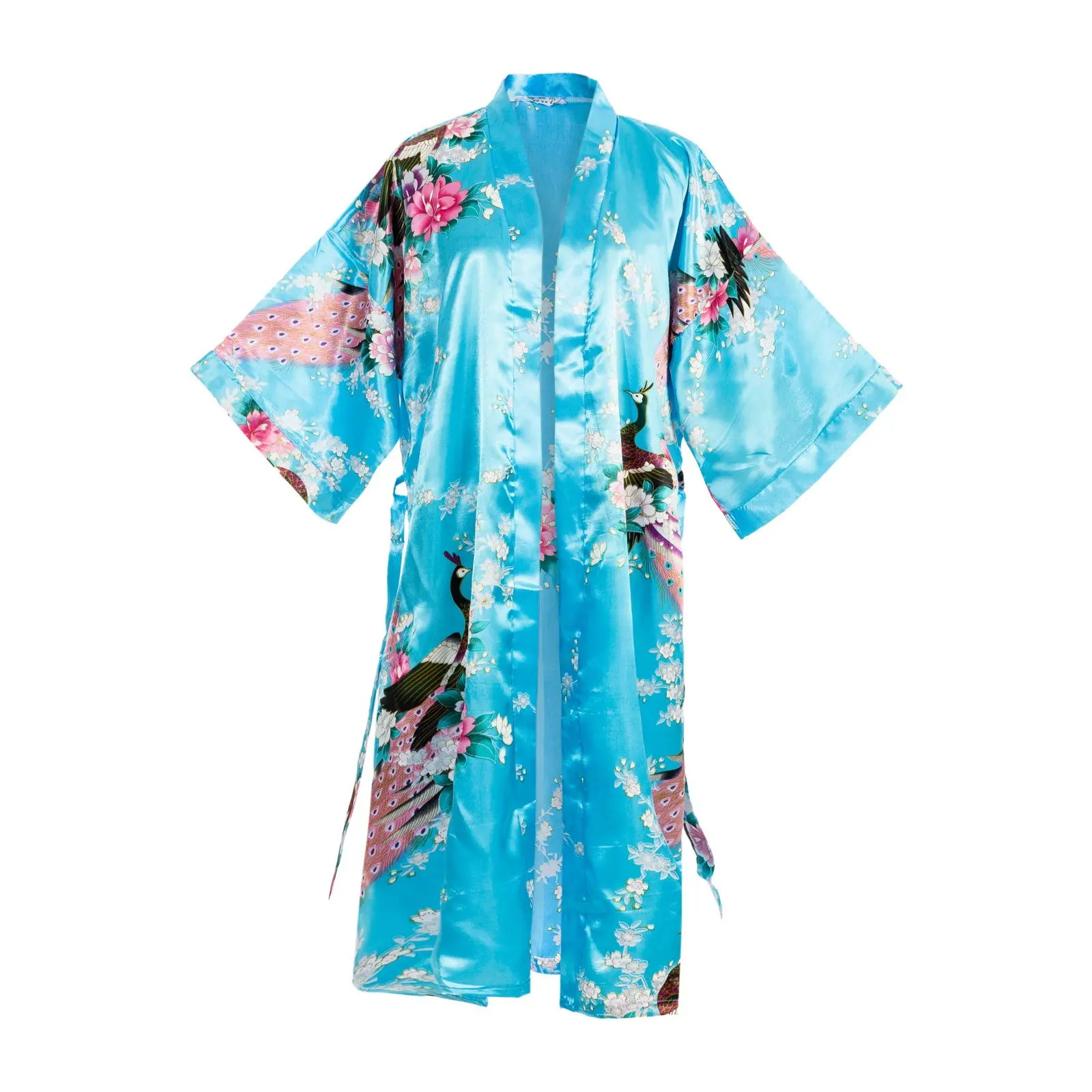 Thy Home Women's Silky Satin Japanese-Style Peacock & Floral Print Kimono Robe - Deep V, Loose Cut, Sleeves, Lightweight with Matching Belt, Bridal Nightwear, Everyday Pajama Gowns, Sexy Loungewear
