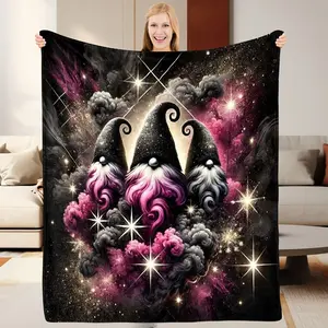 1pc Gnome Fantasy Flannel Blanket - Soft & Warm 280gsm All-Season Cozy Throw with Whimsical Gnome & Magical Forest Design in Pink, Purple, Cot Size Blanket, Thermal Blanket For Double Bed, Blanket And Throw  Warm Haven Textiles