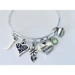 Quinceañera Bracelet – Personalized 15 Años Silver Charm Bangle with Birthstone & Initial
