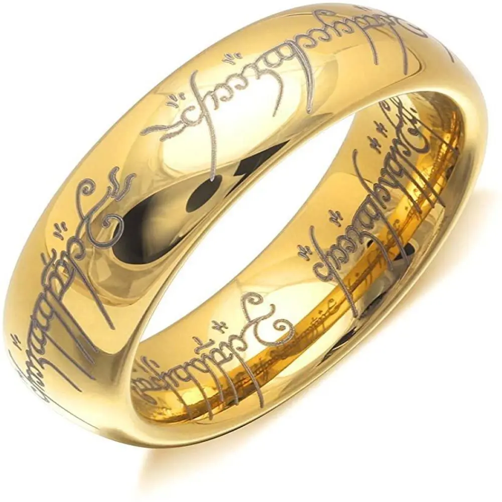 Engraved Wedding Band for Men by Ginger Lyne | Gold Tungsten Carbide Wedding Ring for Women or Couples |4mm or 6mm Heavy Comfort Fit Eternity Ring | Fantasy Bridal Jewelry for Him or Her Wedding Promise Rings