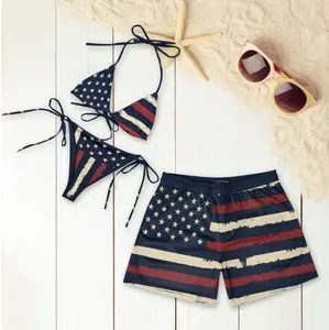 American Flag Bikini Patriotic Red White Blue Couple Swimwear Set – Women’s Tie Side Thong Bikini & Swim Bra with Men’s Beach Shorts, Summer Vacation Outfit