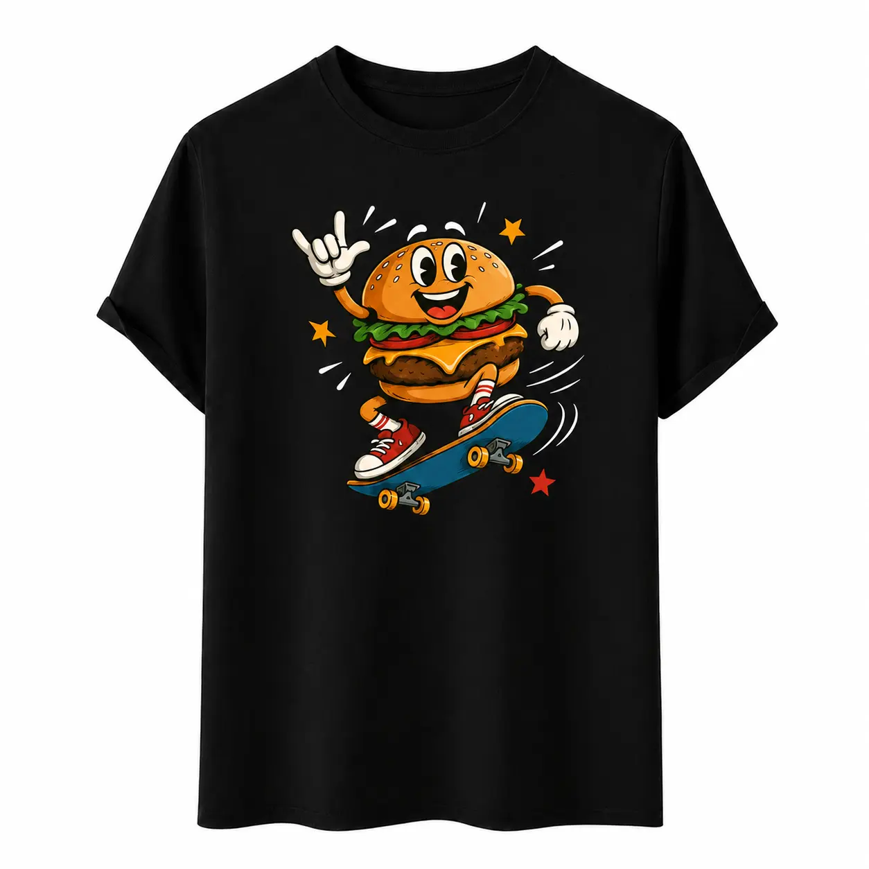Men's Casual Short-Sleeve Comfy T-Shirt, Retro Cartoon Skateboarding Burger Mascot Rock Hand Graphic, Fast Food Street Style Unisex Tops