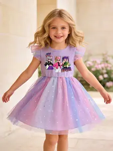 Girls' Cartoon K-Pop Princess Dress, Hand Gesture '67' Knit Top, Ruffle Sleeves, Dreamy Rainbow Sheer Skirt, Perfect Party, Birthday Dress