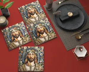 Set of 4 Glossy Floral Jesus Art Coasters | Inspirational Christian Decor | Handcrafted Ceramic Tile | Faith, Peace, and Beauty in Every Detail | Perfect Gift for Easter, Prayer Corners, or Daily Spiritual Inspiration
